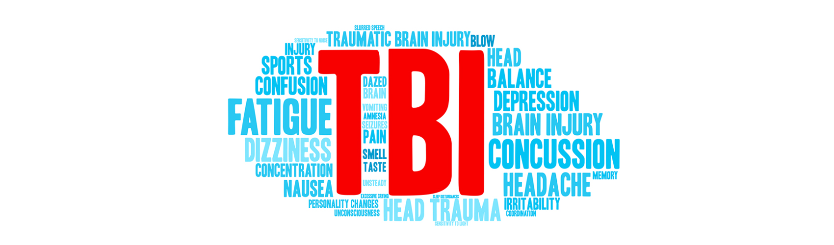 TBI red font center page with symptom descriptions surrounding word in blue font color