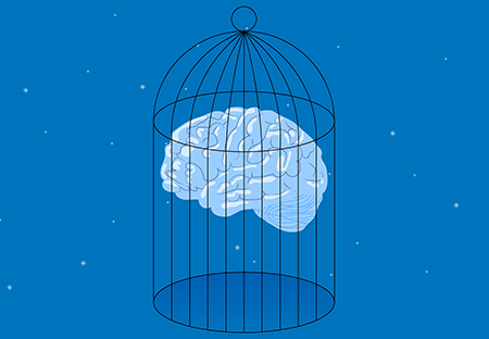 Birdcage with a cartoon Brain inside